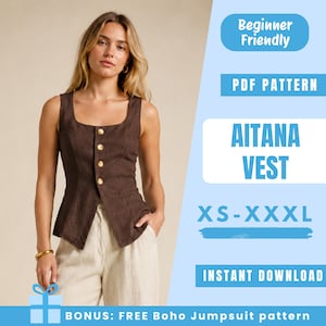 Tie Back Vest Sewing Pattern PDF | Tailored Button Vest Pattern | Open Back Waistcoat | Easy Beginner Pattern | Women Sewing Pattern