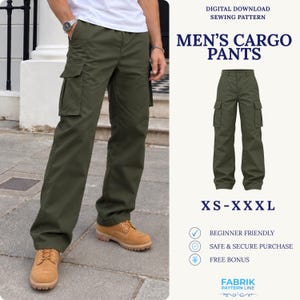 May include: Olive green cargo trousers featuring side pockets with flaps, a button closure, and belt loops. The digital download sewing pattern includes sizes XS to XXXL, labelled as Men's Cargo Pants, Beginner Friendly, and Fabrik Pattern Line.