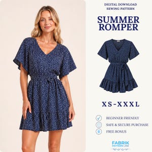 May include: A digital download sewing pattern for a summer romper in sizes XS-XXL. The romper is navy blue with a white dotted pattern, featuring a V-neckline, flutter sleeves, a cinched waist with a tie belt, and a ruffled hemline.