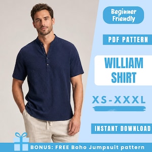 Puede incluir: Una camisa azul marino de manga corta con tejido texturizado y una tapeta de botones parcial. La imagen incluye el texto: Beginner Friendly, PDF PATTERN, WILLIAM SHIRT, XS-XXXL, INSTANT DOWNLOAD y BONUS: FREE Boho Jumpsuit pattern.