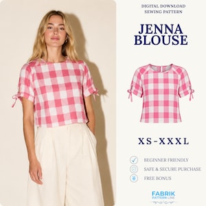 Puede incluir: Un patrón de costura digital descargable para la blusa Jenna, una prenda de manga corta con un patrón de cuadros vichy en rosa y blanco, con detalles de lazos en las mangas, disponible en tallas de la XS a la XXXL, de Fabrik Pattern Line.