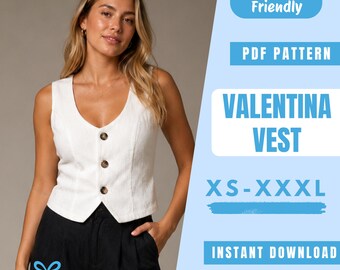 Deep V Neck Vest Sewing Pattern PDF | Tailored Button Vest Pattern | Fitted Waistcoat | Easy Beginner Pattern | Women Sewing Pattern