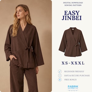 Jinbei naaipatroon | Japans gewaadpatroon | Kimono-stijl wikkeljasje | Eenvoudig patroon voor beginners | Direct te downloaden | Naaipatroon voor dames