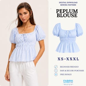 Peplum Blouse Sewing Pattern PDF | Puff Sleeve Crop Top Pattern | Easy Beginner Pattern | Instant Download | Women Sewing Pattern