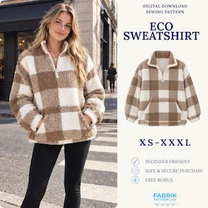 Puede incluir: Un patrón de costura de descarga digital para una sudadera ecológica con estampado de cuadros marrones y blancos. La sudadera cuenta con cuello de cremallera, mangas largas y un bolsillo canguro. El texto dice: DIGITAL DOWNLOAD SEWING PATTERN ECO SWEATSHIRT XS-XXXL BEGINNER FRIENDLY SAFE & SECURE PURCHASE FREE BONUS FABRIK PATTERN LINE.