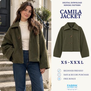 May include: A digital download sewing pattern for the Camila Jacket, featuring a cropped olive green jacket with a wide collar, three front buttons, and long sleeves. The text includes "DIGITAL DOWNLOAD SEWING PATTERN," "CAMILA JACKET," and "XS-XXXL."