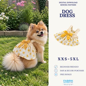 Puede incluir: Un patrón de costura digital descargable para un vestido de perro, con una prenda de color crema con estampado floral amarillo, escote con volantes y un lazo amarillo sólido. El texto dice: DIGITAL DOWNLOAD SEWING PATTERN, DOG DRESS, XXS-5XL.