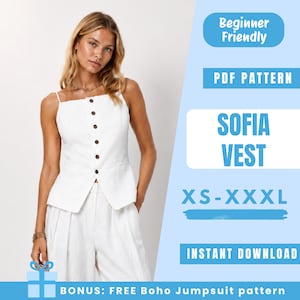 Puede incluir: Chaleco Sofia blanco con botones marrones, combinado con pantalones blancos. La imagen incluye texto que dice "Beginner Friendly", "PDF Pattern", "SOFIA VEST", "XS-XXXL" e "INSTANT DOWNLOAD". Bono: Patrón de mono Boho GRATIS.