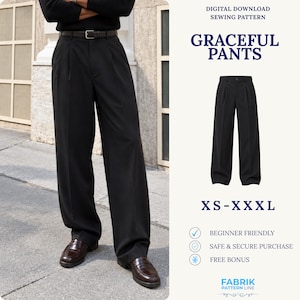 May include: Black trousers with a high-waisted, pleated design and a straight-leg silhouette. The pants feature a black belt with a silver buckle. Text on the image includes DIGITAL DOWNLOAD SEWING PATTERN, GRACEFUL PANTS, XS-XXL, and FABRIK PATTERN LINE.
