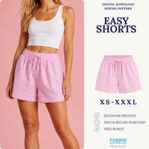 May include: A digital download sewing pattern for easy shorts in sizes XS-XXXL. The image displays a white tank top and light pink ribbed shorts with an elastic drawstring waistband. Text includes "DIGITAL DOWNLOAD SEWING PATTERN EASY SHORTS".