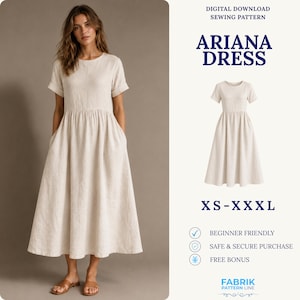 Babydoll Dress Sewing Pattern PDF | Loose Fit Midi Dress Pattern | Casual Summer Dress | Easy Beginner Pattern | Women Sewing Pattern