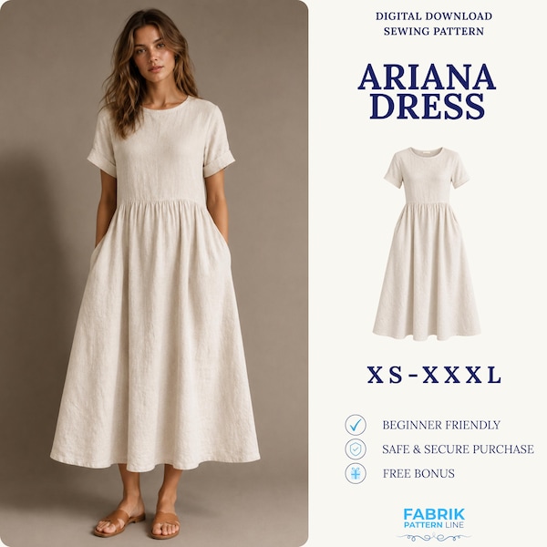 Babydoll Dress Sewing Pattern PDF | Loose Fit Midi Dress Pattern | Casual Summer Dress | Easy Beginner Pattern | Women Sewing Pattern