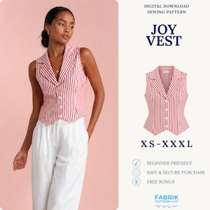 May include: A sleeveless vest featuring a red and white vertical striped pattern, a notched lapel collar, and a front button closure. The text on the image reads: DIGITAL DOWNLOAD SEWING PATTERN, JOY VEST, XS-XXXL, BEGINNER FRIENDLY, SAFE & SECURE PURCHASE, FREE BONUS, FABRIK PATTERN LINE.
