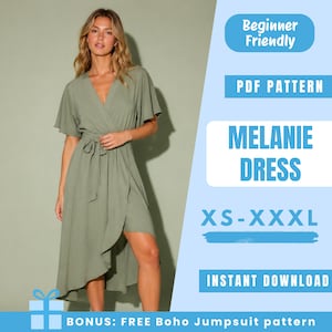 May include: A sage green wrap dress with short flutter sleeves and a tie waist. The image includes text: Beginner Friendly, PDF PATTERN, MELANIE DRESS, XS-XXXL, INSTANT DOWNLOAD, and BONUS: FREE Boho Jumpsuit pattern.