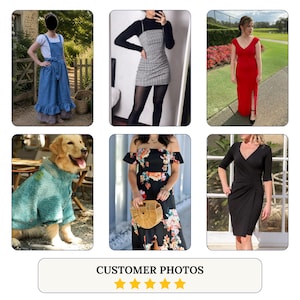 May include: A collection of customer photos featuring a blue linen apron, a black and white plaid dress, a red floor-length gown, a teal textured dog coat, a black floral off-the-shoulder dress, and a black wrap dress with three-quarter sleeves.