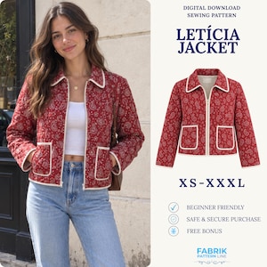 Quilted Jacket Sewing Pattern | Women Jacket Pattern | Zip Up Jacket | Cropped Jacket | PDF Sewing Pattern