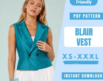 Tailored Vest Sewing Pattern PDF | Double Breasted Waistcoat Pattern | Lapel Vest | Easy Beginner Pattern | Women Sewing Pattern