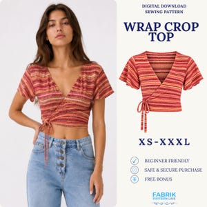 May include: A digital download sewing pattern for a wrap crop top with short flutter sleeves and a tie-front closure. The fabric features a horizontal striped pattern in shades of red, orange, and pink. Text includes WRAP CROP TOP and XS-XXXL.