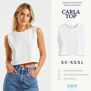 May include: A white sleeveless crop top with a round neckline. The image includes text: DIGITAL DOWNLOAD SEWING PATTERN, CARLA TOP, XS-XXXL, BEGINNER FRIENDLY, SAFE & SECURE PURCHASE, FREE BONUS, and FABRIK PATTERN LINE. The top is shown on a person.