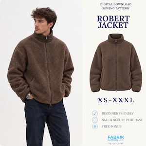 May include: A brown fleece jacket with a high collar and a full-length front zipper. The text reads: DIGITAL DOWNLOAD SEWING PATTERN, ROBERT JACKET, XS-XXL, BEGINNER FRIENDLY, SAFE & SECURE PURCHASE, FREE BONUS, FABRIK PATTERN LINE.