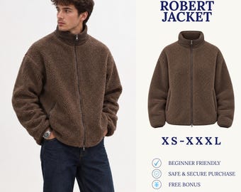 May include: A brown fleece jacket with a high collar and a full-length front zipper. The text reads: DIGITAL DOWNLOAD SEWING PATTERN, ROBERT JACKET, XS-XXL, BEGINNER FRIENDLY, SAFE & SECURE PURCHASE, FREE BONUS, FABRIK PATTERN LINE.