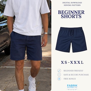 May include: A pair of dark blue shorts with an elastic waistband and drawstring, shown on a model wearing a white t-shirt. The image includes text: DIGITAL DOWNLOAD SEWING PATTERN BEGINNER SHORTS XS-XXXL BEGINNER FRIENDLY SAFE & SECURE PURCHASE FREE BONUS FABRIK PATTERN LINE.