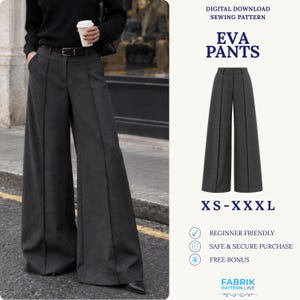Puede incluir: Patrón de costura digital descargable para pantalones Eva, con diseño de pierna ancha en color gris oscuro y cintura con trabillas. El texto incluye "DIGITAL DOWNLOAD SEWING PATTERN", "EVA PANTS", "XS-XXL", "BEGINNER FRIENDLY" y "FABRIK PATTERN LINE".