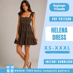 Puede incluir: Una mujer con un vestido marrón escalonado con escote cuadrado y tirantes anudados. El vestido está etiquetado como "Helena Dress" y está disponible en tallas XS-XXXL. La imagen también incluye el texto "Beginner Friendly", "PDF Pattern" e "Instant Download".