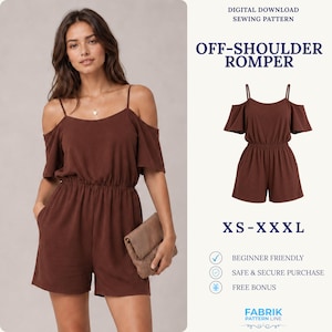 Puede incluir: Un romper marrón de hombros descubiertos con tirantes finos y mangas cortas. El texto dice: DIGITAL DOWNLOAD SEWING PATTERN, OFF-SHOULDER ROMPER, XS-XXXL, BEGINNER FRIENDLY, SAFE & SECURE PURCHASE, FREE BONUS, FABRIK PATTERN LINE.