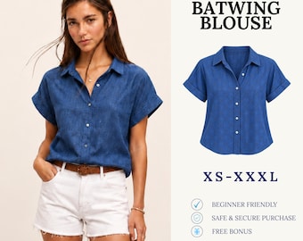 May include: A digital download sewing pattern for a blue batwing blouse with a collar, button-down front, and cuffed short sleeves. The text reads: DIGITAL DOWNLOAD SEWING PATTERN, BATWING BLOUSE, XS-XXXL, BEGINNER FRIENDLY, SAFE & SECURE PURCHASE, FREE BONUS, FABRIK PATTERN LINE.