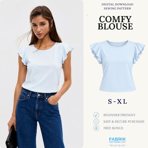 May include: A light blue blouse with flutter sleeves and a round neckline. The text reads: DIGITAL DOWNLOAD SEWING PATTERN COMFY BLOUSE S-XL BEGINNER FRIENDLY SAFE & SECURE PURCHASE FREE BONUS FABRIK PATTERN LINE.