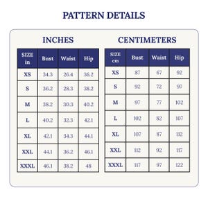 Może przedstawiać: Tabela rozmiar&oacute;w zatytułowana PATTERN DETAILS z dwiema sekcjami. Lewa tabela zawiera wymiary w calach dla biustu, talii i bioder od rozmiaru XS do XXXL. Prawa tabela przedstawia odpowiadające im wymiary w centymetrach dla tych samych rozmiar&oacute;w.