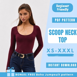 Puede incluir: Una camiseta de manga larga con cuello redondo en color burdeos oscuro, combinada con vaqueros azul oscuro y un cinturón negro. La imagen incluye texto: Beginner Friendly, PDF PATTERN, SCOOP NECK TOP, XS-XXXL, INSTANT DOWNLOAD, BONUS: FREE Boho Jumpsuit pattern.