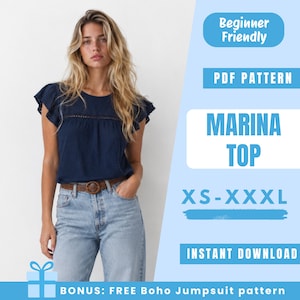 May include: A woman wearing a navy blue Marina top with flutter sleeves, paired with light blue jeans and a brown belt. The image includes text that says "Beginner Friendly", "PDF Pattern", "Marina Top", "XS-XXXL", and "Instant Download".