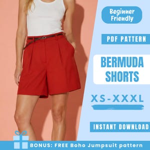 May include: A digital PDF sewing pattern for Bermuda shorts in sizes XS to XXXL. The image displays a white tank top and red pleated shorts with a thin black belt. Text includes Beginner Friendly, PDF PATTERN, BERMUDA SHORTS, and INSTANT DOWNLOAD.