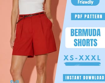 Bermuda Shorts Sewing Pattern PDF | High Waist Bermuda Shorts Pattern | Tailored Summer Shorts | Women Sewing Pattern