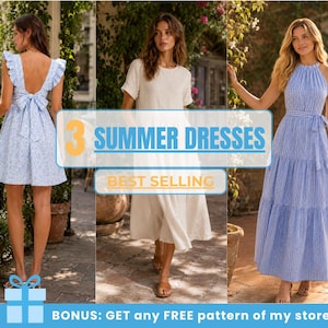 May include: Three summer dresses: a light blue floral mini dress with a back bow, a solid cream midi dress with short sleeves, and a blue and white gingham tiered maxi dress with a halter neckline. Text reads 3 SUMMER DRESSES BEST SELLING.