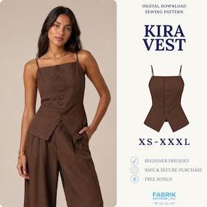 Kira Vest Sewing Pattern PDF | Button Front Vest Pattern | Fitted Waistcoat Top | Easy Beginner Pattern | Women Sewing Pattern