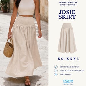 Könnte beinhalten: Ein digitales Schnittmuster für den Josie-Rock, bestehend aus einem hoch taillierten, strukturierten beigen Maxirock mit geraffter, fließender Silhouette. Das Design umfasst Größen von XS bis XXXL und ist als anfängerfreundlich von Fabrik Pattern Line gekennzeichnet.