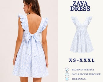 Zaya Dress Sewing Pattern PDF | Ruffle Sleeve Mini Dress Pattern | Open Back Summer Dress | Easy Beginner Pattern | Women Sewing Pattern