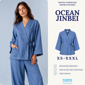 Puede incluir: Una chaqueta cruzada azul con mangas largas, cuello en V y cierre de lazo lateral, con dos bolsillos delanteros. El texto dice DIGITAL DOWNLOAD SEWING PATTERN OCEAN JINBEI XS-XXXL BEGINNER FRIENDLY SAFE & SECURE PURCHASE FREE BONUS FABRIK PATTERN LINE.
