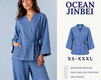 May include: A blue wrap-style jacket with long sleeves, a V-neckline, and a side tie closure, featuring two front pockets. The text reads DIGITAL DOWNLOAD SEWING PATTERN OCEAN JINBEI XS-XXXL BEGINNER FRIENDLY SAFE & SECURE PURCHASE FREE BONUS FABRIK PATTERN LINE.
