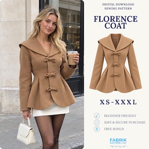Könnte beinhalten: Ein beigefarbener Mantel mit breitem Kragen, langen Ärmeln und drei Knebelverschlüssen. Der Text lautet: DIGITAL DOWNLOAD SEWING PATTERN FLORENCE COAT XS-XXXL BEGINNER FRIENDLY SAFE & SECURE PURCHASE FREE BONUS FABRIK PATTERN LINE.