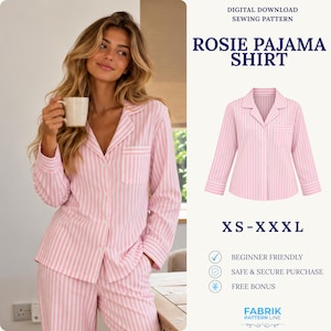 Puede incluir: Un patrón de costura digital descargable para la camisa de pijama Rosie, que muestra una camisa de manga larga abotonada con rayas rosas y blancas, cuello con solapa y bolsillo en el pecho. El texto incluye Rosie Pajama Shirt y XS-XXXL.