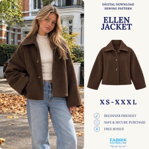 May include: A brown jacket with a wide collar, long sleeves, and three front buttons. The text reads: Digital Download Sewing Pattern, Ellen Jacket, XS-XXL, Beginner Friendly, Safe & Secure Purchase, Free Bonus, Fabrik Pattern Line.