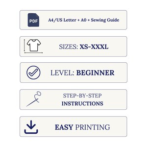 May include: A digital sewing pattern information graphic with five horizontal rectangular sections. Text includes PDF A4/US Letter + A0 + Sewing Guide, SIZES: XS-XXXL, LEVEL: BEGINNER, STEP-BY-STEP INSTRUCTIONS, and EASY PRINTING with icons.
