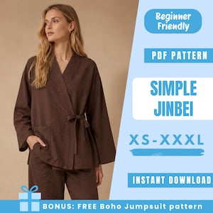 Puede incluir: Una blusa cruzada marrón de manga larga con cierre de lazo lateral, combinada con pantalones a juego. El texto dice: Beginner Friendly, PDF PATTERN, SIMPLE JINBEI, XS-XXXL, INSTANT DOWNLOAD, BONUS: FREE Boho Jumpsuit pattern.
