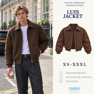 May include: A brown jacket with a collar, long sleeves, and a front zipper closure. The text reads: Digital Download Sewing Pattern, Luis Jacket, XS-XXXL, Beginner Friendly, Safe & Secure Purchase, Free Bonus, Fabrik Pattern Line.