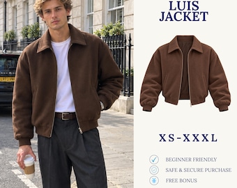 May include: A brown jacket with a collar, long sleeves, and a front zipper closure. The text reads: Digital Download Sewing Pattern, Luis Jacket, XS-XXXL, Beginner Friendly, Safe & Secure Purchase, Free Bonus, Fabrik Pattern Line.