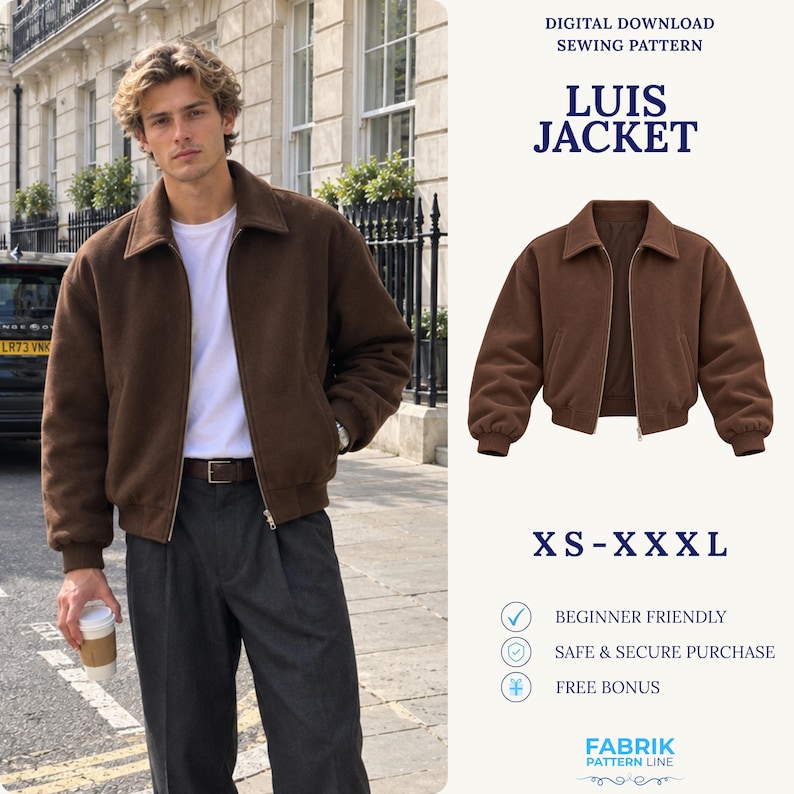 May include: A brown jacket with a collar, long sleeves, and a front zipper closure. The text reads: Digital Download Sewing Pattern, Luis Jacket, XS-XXXL, Beginner Friendly, Safe & Secure Purchase, Free Bonus, Fabrik Pattern Line.